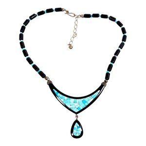 Jay King Desert Rose Necklace 17” Onyx Turquoise Sterling Silver 925 Reversible